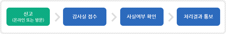 신고(온라인 또는 방문) /> 감사실 접수 > 사실여부 확인 > 처리결과 통보