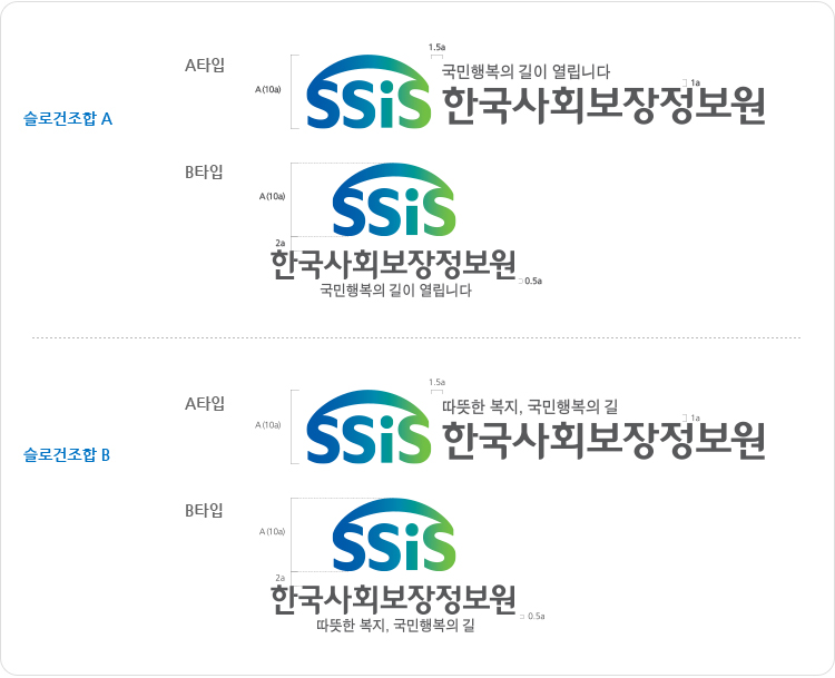 슬로건조합 A : 국민행복의 길이 열립니다 한국사회보장정보원(가로조합,세로조합), 슬로건조합 B : 따뜻한 복지, 국민행복의 길 한국사회보장정보원(가로조합,세로조합) 이미지
