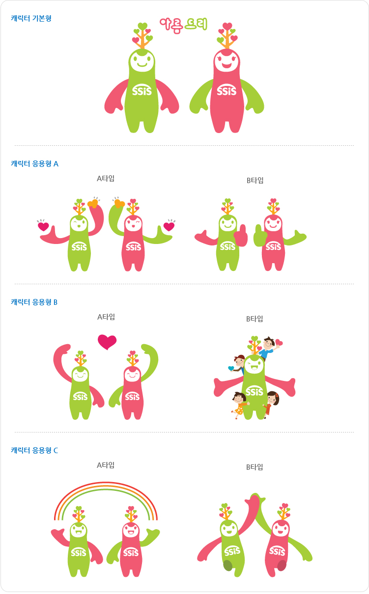 캐릭터 기본형(아름드리), 캐릭터 응용형A(A타입,B타입), 캐릭터 응용형B(A타입,B타입), 캐릭터 응용형C(A타입,B타입)