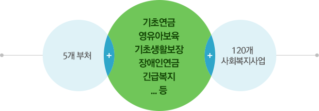 5개 부처와 120개 사회복지사업을 통한 기초연금,영유아보육,기초생활보장,장애인연금,긴급복지 ...등