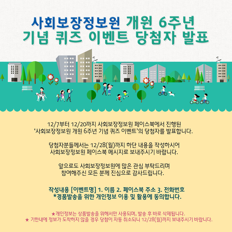 사회보장정보원 개원 6주년 기념 퀴즈 이벤트 당첨자 발표 12/7부터 12/20까지 사회보장정보원 페이스북에서 진행된 '사회보장정보원 개원 6주년 기념 퀴즈 이벤트'의 당첨자를 발표합니다. 당첨자분들께서는 12/28(월)까지 하단 내용을 작성하시어 사회보장정보원 페이스북 메시지로 보내주시기 바랍니다. 앞으로도 사회보장정보원에 많은 관심 부탁드리며 참여해주신 모든 분께 진심으로 감사드립니다. 작성내용 [이벤트명]1.이름 2.페이스북 주소 3.전화번호 *경품발송을 위한 개인정보 이용 및 활용에 동의합니다. *개인정보는 상품발송을 위해서만 사용되며, 발송 후 바로 삭제됩니다.*기한내에 정보가 도착하지 않을 경우 당첨이 자동 취소되니 12/28(월)까지 보내주시기 바랍니다.