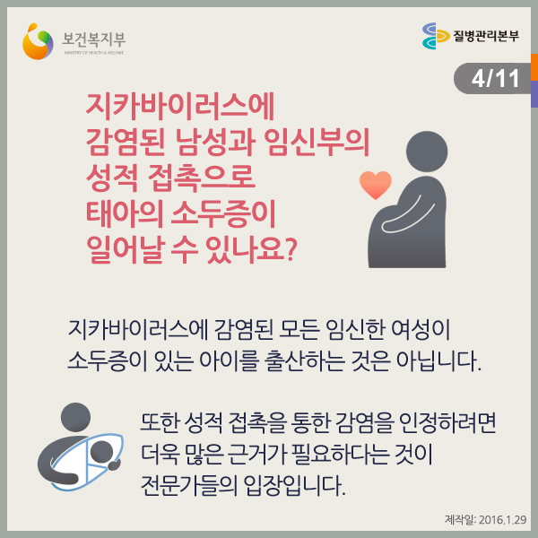 지카바이러스에 감염된 남성과 임신부의 성적 접촉으로 태아의 소두증이 일어날 수 있나요?
지카바이러스에 감염된 모든 임신한 여성이 소두증이 있는 아이를 출산하는 것은 아닙니다.
또한 성적 접촉을 통한 감염을 인정하려면 더욱 많은 근거가 필요하다는 것이 전문가들의 입장입니다.