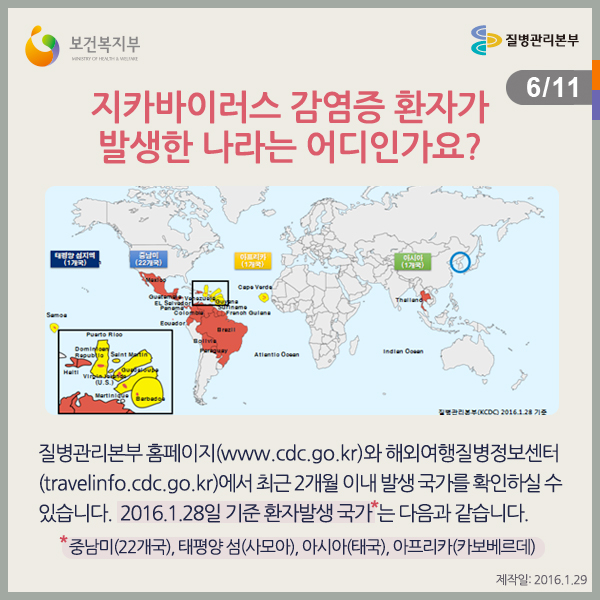 지카바이러스 감염증 환자가 발생한 나라는 어디인가요?
질병관리본부 홈페이지(www.cdc.go.kr)와 해외여행질병정보센터(travelinfo.cdc.go.kr)에서 최근 2개월 이내 발생 국가를 확인하실 수 있습니다.
’16.1.28일 기준 환자발생 국가는 다음과 같습니다.
중남미(22개국), 태평양 섬(사모아), 아시아(태국), 아프리카(카보베르데)