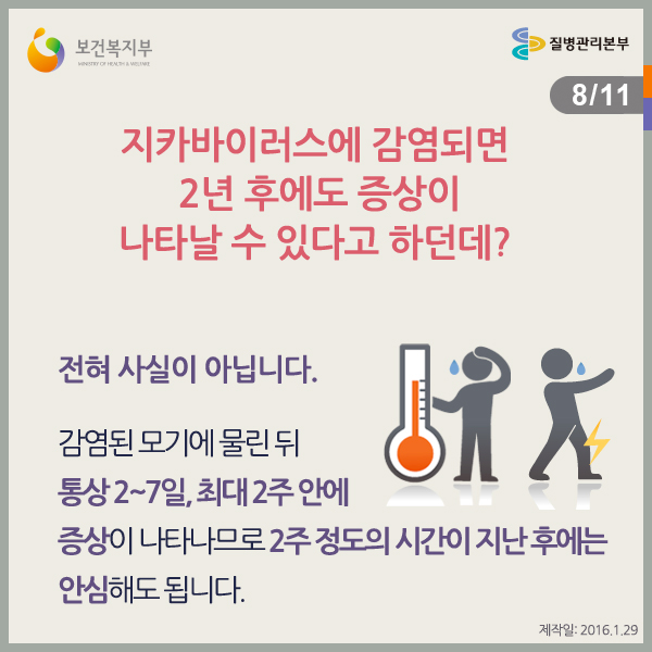 지카바이러스에 감염되면 2년후에도 증상이 나타날 수 있다고 하던데?
전혀 사실이 아닙니다.
감염된 모기에 물린 뒤 통상 2~7일, 최대 2주안에 증상이 나타나므로 2주 정도의 시간이 지난 후에는 안심해도 됩니다.