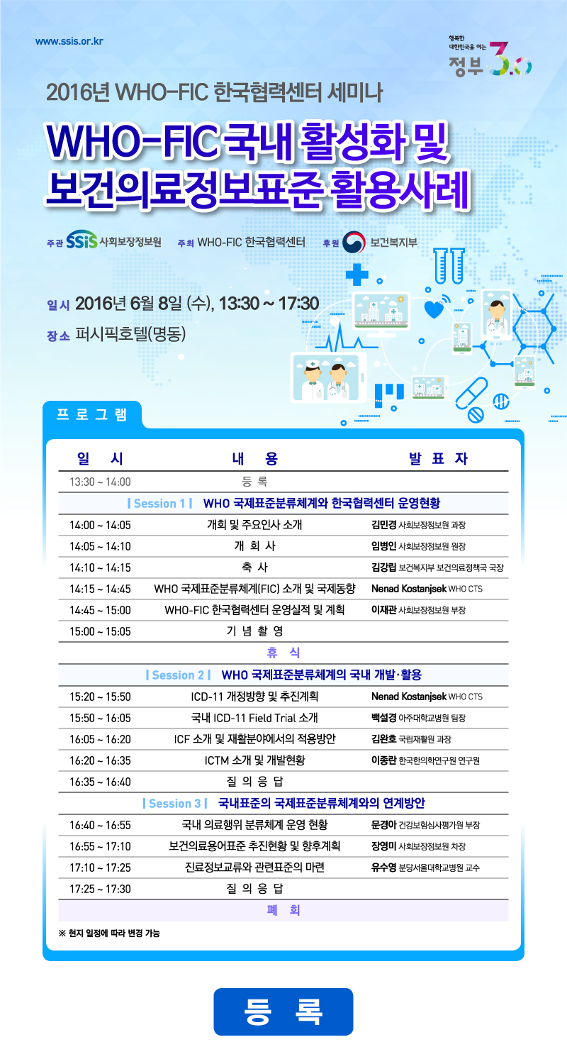 2016년 WHO-FIC 한국협력센터 세미나

WHO-FIC 국내 활성화 및 보건의료정보표준 활용사례




주관: 사회보장정보원

주최: WHO-FIC 한국협력센터

후원: 보건복지부





일시: 2016년 6월 8일 (수), 13:30 ~ 17:30

장소: 퍼시픽호텔(명동)




프로그램

      일시                                                내용                                                       발표자

13:30~14:00     등록

     [Session1] WHO 국제표준용어분류체계와 한국협력센터 운영현황

14:00~14:05     개회 및 주요인사 소개                                               김민경(사회보장정보원 과장)

14:05~14:10     개회사                                                                      임병인(사회보장정보원 원장)

14:10~14:15     축사                                                                         김강립(보건복지부 보건의료정책국 국장)

14:15~14:45     WHO 국제표준용어분류체계(FIC)소개 및 국제동향       Nenad Kostanjsek(WHO CTS)

14:45~15:00     WHO-FIC 한국협력센터 운영실적 및 계획                    이재관(사회보장정보원 부장)

15:00~15:05     기념촬영

                        휴식


     [Session2] WHO 국제표준용어분류체계의 국내 개발·활용

15:20~15:50     ICD-11 개정방향 및 추진계획                                       Nenad Kostanjsek(WHO CTS)

15:50~16:05     국내 ICD-11 Field Trial 소개                                        백설경(아주대학교병원 팀장)

16:05~16:20     ICF 소개 및 재활분야에서의 적용방안                           김완호(국립재활원 과장)

16:20~16:35     ICTM 소개 및 개발현황                                                이종란(한국한의학연구원 연구원)

16:35~16:40     질의응답

     [Session3] 국내 보건의료표준화 현황 및 적용사례

16:40~16:55     국내 의료행위 분류체계 운영 현황                                문경아(건강보험심사평가원 부장)

16:55~17:10     보건의료용어표준 추진현황 및 향후계획                       장영미(사회보장정보원 차장)

17:10~17:25     진료정보교류와 관련표준의 마련                                  유수영(분당서울대학교병원 교수)

17:25~17:30     질의응답

                        폐회


