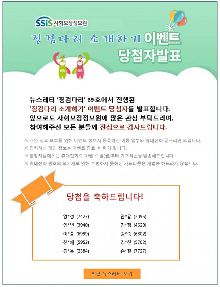 뉴스레터 '징검다리' 69호에서 진행된 '징검다리 소개하기' 이벤트 당첨자를 발표합니다.

앞으로도 사회보장정보원에 많은 관심 부탁드리며, 

참여해주신 모든 분들께 진심으로 감사드립니다.


※ 개인 정보 보호를 위해 이벤트 참여시 등록하신 이름 일부와 휴대전화 끝자리만 보입니다. 

 

※ 입력하신 개인 정보는 이벤트 종료 후 파기 됩니다.

※ 당첨자들에게는 휴대전화로 10월 17일(월)부터 기프티콘을 발송해드립니다.

※ 휴대전화 번호의 오기재로 인해 수령하지 못하신 기프티콘은 재발송 해드리지 않습니다. 

 

당첨을 축하드립니다! 

 

양*성 (7427)

임*연 (3940)

이*종 (6999)

천*혜 (5952)

김*옥 (2584)

안*용 (3095)

김*정 (4620)

김*숙 (6802)

김*한 (5702)

손*철 (7727)

 

최근 뉴스레터 보기



