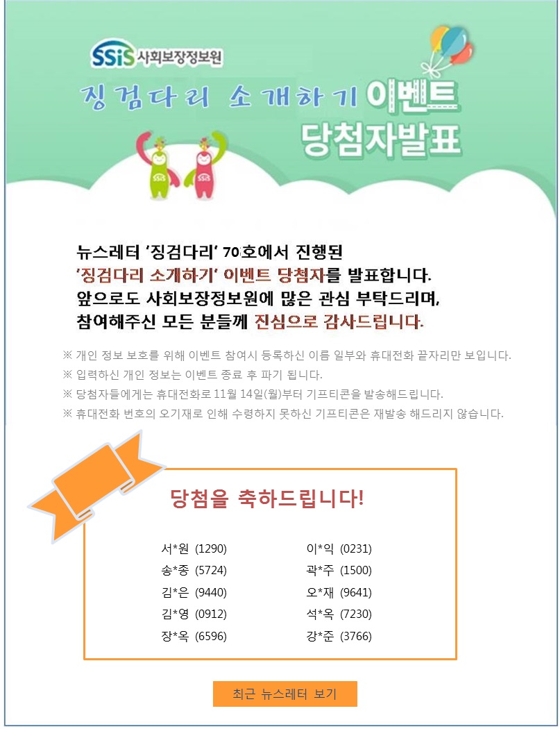 뉴스레터 '징검다리' 70호에서 진행된 '징검다리 소개하기' 이벤트 당첨자를 발표합니다.
앞으로도 사회보장정보원에 많은 관심 부탁드리며, 
참여해주신 모든 분들께 진심으로 감사드립니다.
※ 개인 정보 보호를 위해 이벤트 참여시 등록하신 이름 일부와 휴대전화 끝자리만 보입니다. 
※ 입력하신 개인 정보는 이벤트 종료 후 파기 됩니다.
※ 당첨자들에게는 휴대전화로 11월 14일(월)부터 기프티콘을 발송해드립니다.
※ 휴대전화 번호의 오기재로 인해 수령하지 못하신 기프티콘은 재발송 해드리지 않습니다. 
 
당첨을 축하드립니다!  
 
서*원 (1290)
송*종 (5724)
김*은 (9440)
김*영 (0912)
장*옥 (6596)
이*익 (0231)
곽*주 (1500)
오*재 (9641)
석*옥 (7230)
강*준 (3766)
 
 
최근 뉴스레터 보기