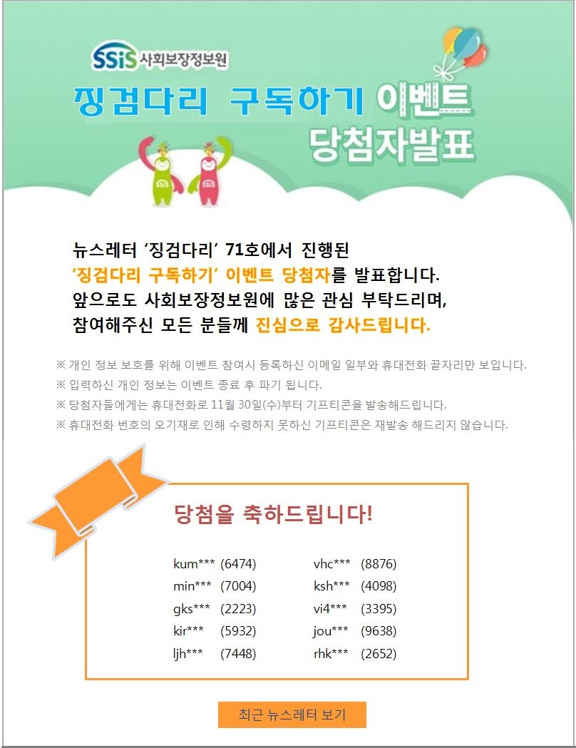 
<당첨자 발표이미지 /> 뉴스레터 '징검다리' 71호에서 진행된 '징검다리 소개하기' 이벤트 당첨자를 발표합니다.
앞으로도 사회보장정보원에 많은 관심 부탁드리며, 
참여해주신 모든 분들께 진심으로 감사드립니다.
 
※ 개인 정보 보호를 위해 이벤트 참여시 등록하신 이메일 일부와 휴대전화 끝자리만 보입니다. 
※ 입력하신 개인 정보는 이벤트 종료 후 파기 됩니다.
※ 당첨자들에게는 휴대전화로 11월 30일(수)부터 기프티콘을 발송해드립니다.
※ 휴대전화 번호의 오기재로 인해 수령하지 못하신 기프티콘은 재발송 해드리지 않습니다. 
당첨을 축하드립니다! 
 
kum***
min***
gks***
kir***
ljh***    
(6474)
(7004)
(2223)
(5932)
(7448)
vhc***
ksh***
vi4***
jou***
rhk***
(8876)
(4098)
(3395)
(9638)
(2652)
 
최근 뉴스레터 보기
