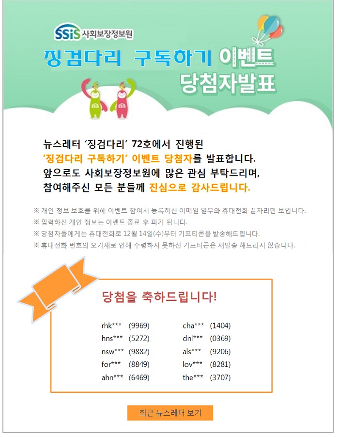 
뉴스레터 '징검다리' 72호에서 진행된 '징검다리 소개하기' 이벤트 당첨자를 발표합니다.
앞으로도 사회보장정보원에 많은 관심 부탁드리며, 
참여해주신 모든 분들께 진심으로 감사드립니다.
 
※ 개인 정보 보호를 위해 이벤트 참여시 등록하신 이메일 일부와 휴대전화 끝자리만 보입니다. 
※ 입력하신 개인 정보는 이벤트 종료 후 파기 됩니다.
※ 당첨자들에게는 휴대전화로 12월 14일(수)부터 기프티콘을 발송해드립니다.
※ 휴대전화 번호의 오기재로 인해 수령하지 못하신 기프티콘은 재발송 해드리지 않습니다. 
당첨을 축하드립니다! 
 
rhk***
hns***
nsw***
for***
ahn***  
(9969)
(5272)
(9882)
(8849)
(6469)
cha***
dnl***
als***
lov***
the***
(1404)
(0369)
(9206)
(8281)
(3707)
최근 뉴스레터 보기
