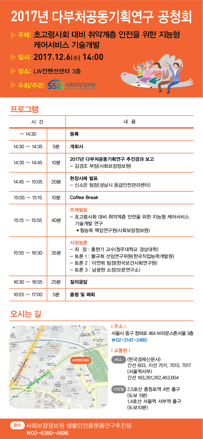 2017년 다부처공동기획연구 공청회. 주제: 초고령사회 대비 취약계층 안전을 위한 지능형 케어서비스 기술개발. 일시: 2017.12.6(수) 14:00. 장소: LW컨벤션센터 3층. 주최ㆍ주관: SSiS 사회보장정보원. 프로그램 : ~14:30 등록. 14:30~14:35(5분) 개회사. 14:35~14:45(10분) 2017년 다부처공동기획연구 추진경과 보고-김경조 부장(사회보장정보원). 14:45~15:05(20분) 현장사례 발표-신소은 팀장(성남시 응급안전관리센터). 15:05~15:15(10분) coffe break. 15:15~15:55(40분) 주제발표- 초고령사회 대비 취약계층 안전을 위한 지능형 케어서비스 기술개발 연구 ㆍ함승목 책임연구원(사회보장정보원). 15:55~16:30(35분) 지정토론-좌장:홍현기 교수(청주대학교 경상대학)-토론1: 황규희 선임연구위원(한국직업능력개발원)-토론2: 이연희 팀장(한국보건사회연구원)-토론3: 남광현 소장(모문연구소). 16:30~16:55(25분) 질의응답. 16:55~17:00(5분) 총평 및 폐회. 오시는 길 : (주소) 서울시 중구 청파로 464 브라운스토서울 3층 ☎02-3147-2480. 교통편 : (버스) (한국경제신문사) 간선 603, 지선 7011, 7013, 7017. (서울역서부) 간선 163, 261, 262, 463, 604. (지하철) 2,5호선 충정로역 4번 출구(도보 5분) 1,4호선 서울역 서부역 출구(도보10분). 문의:사회보장정보원 생활안전플랫폼연구추진팀 ☎02-6360-4696
