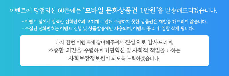 이벤트에 당첨되신 60분께는 모바일 문화상품권 1만원을 발송해드리겠습니다. 이벤트 참여시 입력한 전화번호의 오기재로 인해 수령하지 못한 상품권은 재발송 해드리지 않습니다.
수집된 전화번호는 이벤트 진행 및 상품발송에만 사용되며, 이벤트 종료 후 일괄 삭제 됩니다.
다시 한번 이벤트에 참여해주셔서 진심으로 감사드리며,
소중한 의견을 수렴하여 기관혁신 및 사회적 책임을 다하는
사회보장정보원이 되도록 노력하겠습니다.