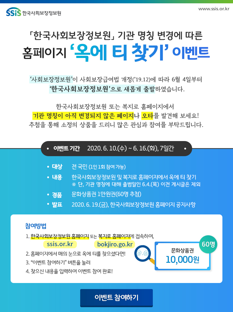 '사회보장정보원'이 사회보장급여법 개정(19년12월)에 따라 6월 4일부터 '한국사회보장정보원'으로 새롭게 출발하였습니다. 한국사회보장정보원 또는 복지로 홈페이지에서 기관 명칭이 아직 변경되지 않은 페이지나 오타를 발견해 보세요! 추첨을 통해 소정의 상품을 드리니 많은 관심과 참여를 부탁드립니다. 이벤트 기간: 2020년 6월 10일 ~ 6월 16일, 7일간. 대상: 전 국민(1인 1회 참여 가능), 내용: 한국사회보장정보원 및 복지로 홈페이지에서 옥에 티 찾기(단, 기관 명칭에 대해 출범일인 6월 4일 이전 게시글은 제외, 경품: 문화상품권 1만원권(60명 추첨), 발표: 2020년 6월 19일, 한국사회보장정보원 홈페이지 공지사항. 참여방법 1. 한국사회보장정보원 홈페이지 또는 복지로 홈페이지에 접속하여, 2. 홈페이지에서 매의 눈으로 옥에 티를 찾으셨다면! 3. 이벤트 참여하기 버튼을 눌러 4. 찾으신 내용을 입력하여 이벤트 참여 완료!