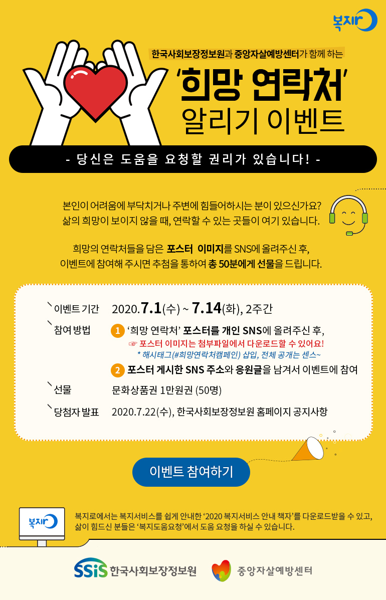 한국사회보장정보원과 중앙자살예방센터가 함께 하는 희망 연락처 알리기 이벤트. 당신은 도움을 요청할 권리가 있습니다! 본인이 어려움에 부닥치거나 주변에 힘들어하시는 분이 있으신가요? 삶의 희망이 보이지 않을 때, 연락할 수 있는 곳들이 여기 있습니다. 희망의 연락처들을 담은 포스터 이미지를 SNS에 올려주신 후, 아래 이벤트에 참여해 주시면 추첨을 통하여 총 50분에게 선물을 드립니다. 이벤트 기간: 2020년7월1일 ~ 7월14일, 2주간. 참여 방법: 희망 연락처 포스터를 개인 SNS에 올려주신 후(포스터 이미지는 첨부파일에서 다운로드할 수 있어요! 해시태그 삽입, 전체 공개는 센스~), 포스터 게시한 SNS 주소와 응원글을 남겨서 이벤트에 참여. 선물: 문화상품권 1만원권(50명). 당첨자 발표: 2020년7월22일, 한국사회보장정보원 홈페이지 공지사항. 이벤트 참여하기. 복지로에서는 복지서비스를 쉽게 안내한 2020 복지서비스 안내 책자를 다운로드받을 수 있고, 삶이 힘드신 분들은 복지도움요청에서 도움 요청을 하실 수 있습니다.