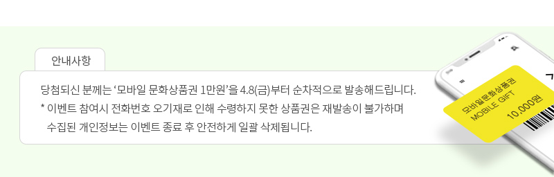 이벤트에 당첨되신 100분께는 '모바일 문화상품권 1만원'을 발송해드리겠습니다. 발송일 2022년 04월 08일(금) 예정 - 이벤트 참여시 입력한 전화번호의 오기재로 인해 수령하지 못한 상품권은 재발송 해드리지 않습니다. - 수집된 전화번호는 이벤트 진행 및 상품발송에만 사용되며, 이벤트 종료 후 일괄 삭제됩니다. 다시 한번 이벤트에 참여해주셔서 진심으로 감사드리며, 소중한 의견을 수렴하여 기관혁신 및 사회적 책임을 다하는 한국사회보장정보원이 되도록 노력하겠습니다.