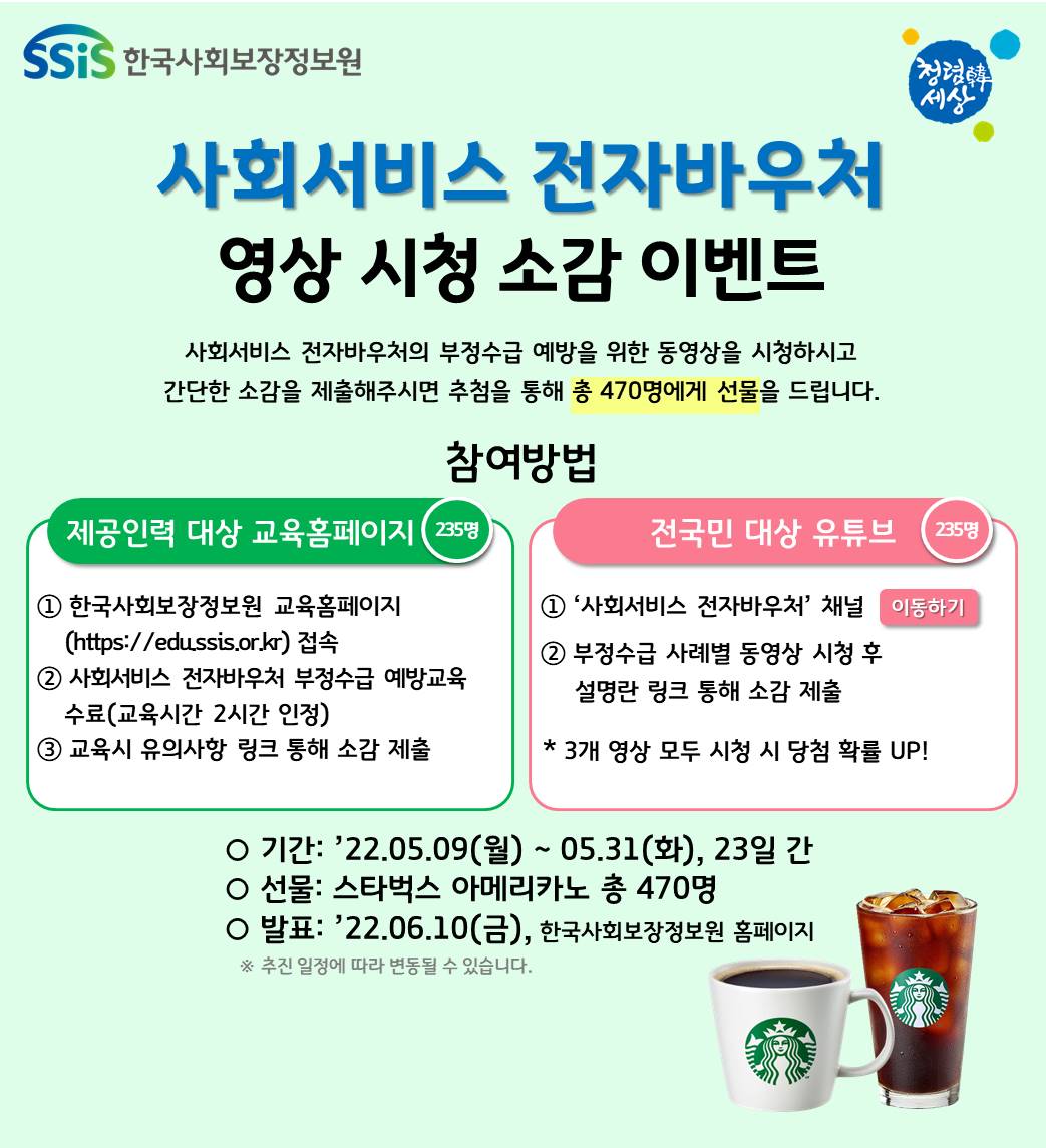 사회서비스 전자바우처 영상시청 소감이벤트 사회서비스 전자바우처의 부정수급 예방을 위한 동영상을 시청하시고 간단한 소감을 제출해주시면 추첨을 통해 총 470명에게 선물을 드립니다. 참여방법 제공인력대상 교육홈페이지 235명 1 한국사회보장정보원 교육 홈페이지 접속 2 사회서비스 전자바우처 부정수급 예방교육 수료 (교육시간 2시간 인정) 교육시 유의사항 링크를 통해 소감 제출 전국민대상 유튜브(235명) 1 사회서비스 전자바우처 채널 이동하기 2 부정수급 사례별 동영상 시청 후 설명란 링크 통해 소감 제출 *3개 영상 모두 시청시 당첨확률 up! 기간 22.05.09(월)~05.31(화) 23일간 선물 : 스타벅스 아메리카노 총 470명 발표 22.06.10(금) 한국사회보장정보원 홈페이지 * 추진일정에 따라 변동될 수 있습니다.