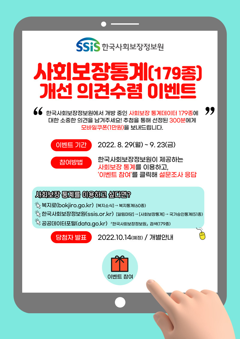 한국사회보장정보원 사회보장통계(179종) 개선 의견수렴 이벤트 한국사회보장정보원에서 개방 중인 사회보장 통계데이터 179종에 대한 소중한 의견을 남겨주세요! 추첨을 통해 선정된 300분에게 모바일쿠폰(1만원)을 보내드립니다. 이벤트 기간 2022. 8. 29(월) ~ 9.23(금) 참여방법 한국사회보장정보원이 제공하는 사회보장 통계를 이용하고, '이벤트 참여'를 클릭해 설문조사 응답 사회보장 통계를 이용하고 싶다면? 복지로(bokjiro.go.kr) [복지소식] → 복지통계(60종) 한국사회보장정보원(ssis.or.kr) [알림마당] → [사회보장통계] → 국가승인통계(51종) 공공데이터포털(data.go.kr) 「한국사회보장정보원」검색(179종) 당첨자 발표 2022.10.14(예정) / 개별안내 이벤트 참여