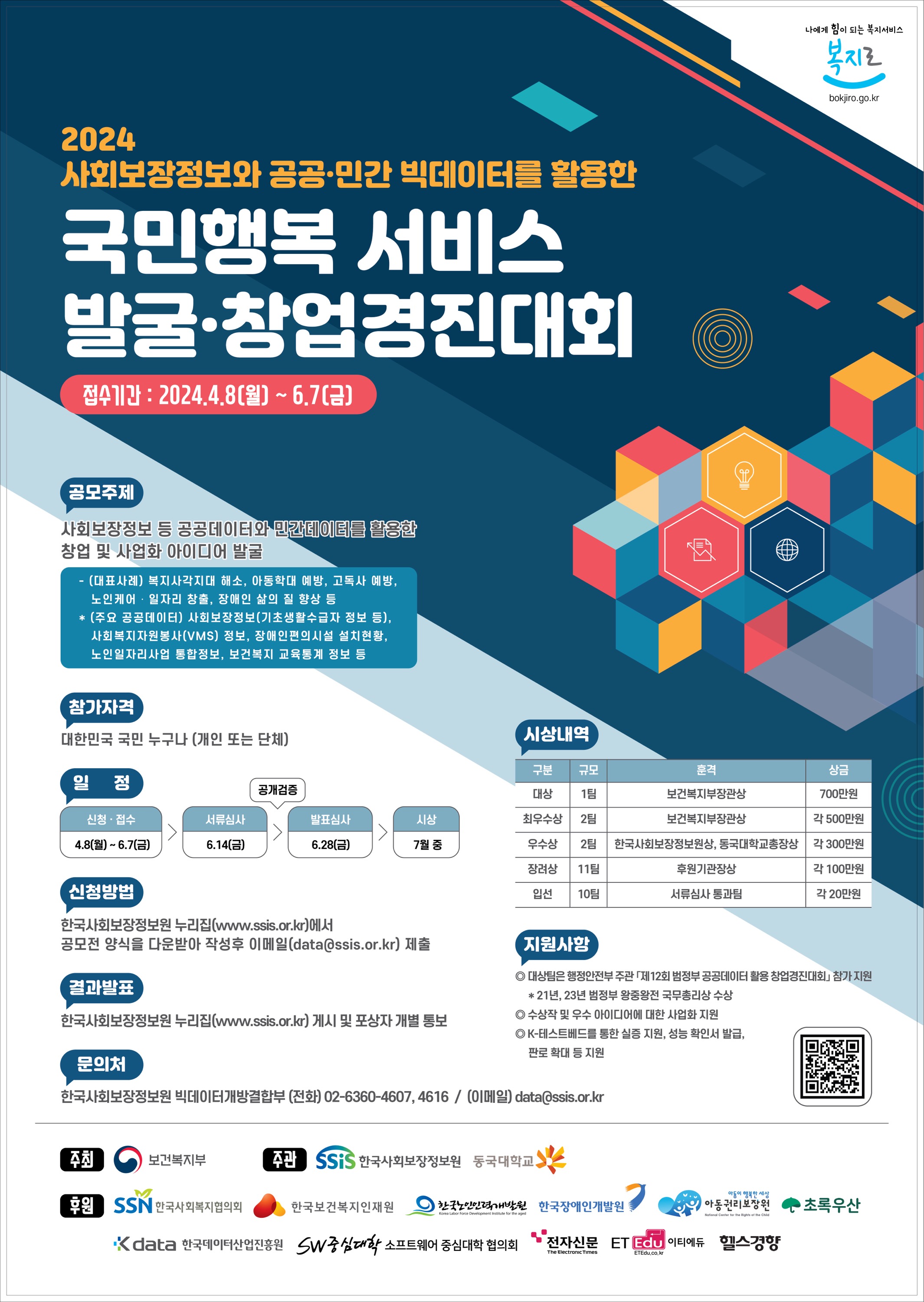 ㅇ 대회명 - 2024 사회보장정보와 공공·민간 빅데이터를 활용한 국민행복 서비스 발굴?창업 경진대회 ㅇ 공모주제 - 사회보장정보 등 공공데이터와 민간데이터를 활용한 창업 기획 및 사업화 아이디어 발굴 * (대표 사례) 복지사각지대 해소, 아동학대 예방, 고독사 예방, 노인케어?일자리 창출, 장애인 삶의 질 향상 등 * (주요 데이터) 사회보장정보(기초생활수급자 정보 등), 사회복지자원봉사(VMS) 정보, 전국푸드뱅크정보, 장애인편의시설 설치현황, 노인일자리사업 통합정보, 보건복지 교육통계 정보 등 ㅇ 모집기간 - ’24.4.8.(월)~6.7.(금) ㅇ 참가자격 - 대한민국 국민 누구나(개인 또는 단체) ㅇ 일정 - (신청·접수) 4.8.(월) ~ 6.7.(금) - (서류심사) 6.14.(금) - (발표심사) 6. 28.(금) - (시상) 7월 중 ㅇ 시상내역 - 대상(1팀): 보건복지부장관상, 700만원 - 최우수상(2팀): 보건복지부장관상, 각 500만원 - 우수상(2팀): 한국사회보장정보원장상, 동국대학교총장상, 각 300만원 - 장려상(11팀): 후원기관장상, 각 100만원 - 입선(10팀): 서류심사 통과팀, 각 20만원 ㅇ 신청방법 - 한국사회보장정보원 누리집(www.ssis.or.kr)에서 공모전 양식을 다운받아 작성후 이메일(data@ssis.or.kr) 제출 * (제출자료) ①참가신청서(PDF), ②사업계획서(hwp), ③청렴서약서(PDF), ④개인정보 수집·이용 동의서(PDF), ⑤사업자등록증ㆍ중소기업확인서(해당팀) ㅇ 결과발표 - 한국사회보장정보원 누리집(www.ssis.or.kr) 게시 및 포상자 개별 통보 ㅇ지원사항 - 대상팀은 행정안전부 주관「제12회 범정부 공공데이터 활용 창업경진대회」 참가 지원 * 21년, 23년 범정부 왕중왕전 국무총리상 수상 - 수상작 및 우수 아이디어에 대한 사업화 지원 - K-테스트베드를 통한 실증 지원, 성능확인서 발급, 판로 확대 등 지원 ㅇ 문의처 - 한국사회보장정보원 빅데이터개방결합부 (전화) 02-6360-4607, 4616 / (이메일) data@ssis.or.kr ㅇ 주최/주관 및 후원기관 - (주최) 보건복지부 - (주관) 한국사회보장정보원, 동국대학교 - (후원) 한국사회복지협의회, 한국보건복지인재원, 한국노인인력개발원, 한국장애인개발원, 아동권리보장원, 초록우산, 한국데이터산업진흥원, 소프트웨어중심대학협의회, 전자신문, 이티에듀, 헬스경향