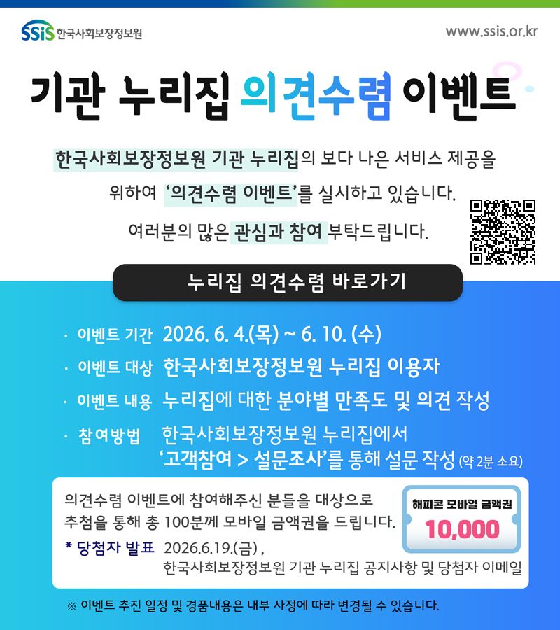 한국사회보장정보원 기관 누리집 의견수렴 이벤트 한국사회보장정보원 기관 누리집의 보다 나은 서비스 제공을 위하여 의견수렴 이벤트를 실시하고 있습니다 여러분의 많은 관심과 참여 부탁드립니다 이벤트 기간 2026년 6월 4일목요일부터 6월 10일 수요일까지 이벤트 대상 한국사회보장정보원 누리집 이용자 이벤트 내용 누리집에 대한 분야별 만족도 및 의견 작성 참여방법 한국사회보장정보원 누리집에서 고객참여 > 설문조사를 통해 설문 작성(약 2분 소요) 의견수렴 이벤트에 참여해주신 분들을 대상으로 추첨을 통해 총 100분께 모바일 금액권을 드립니다. 당첨자 발표 2026년 6월 19일 금요일 한국사회보장정보원 기관 누리집 공지사항 및 당첨자 이메일 이벤트 추진 일정 및 경품내용은 내부사정에 따라 변경될 수 있습니다