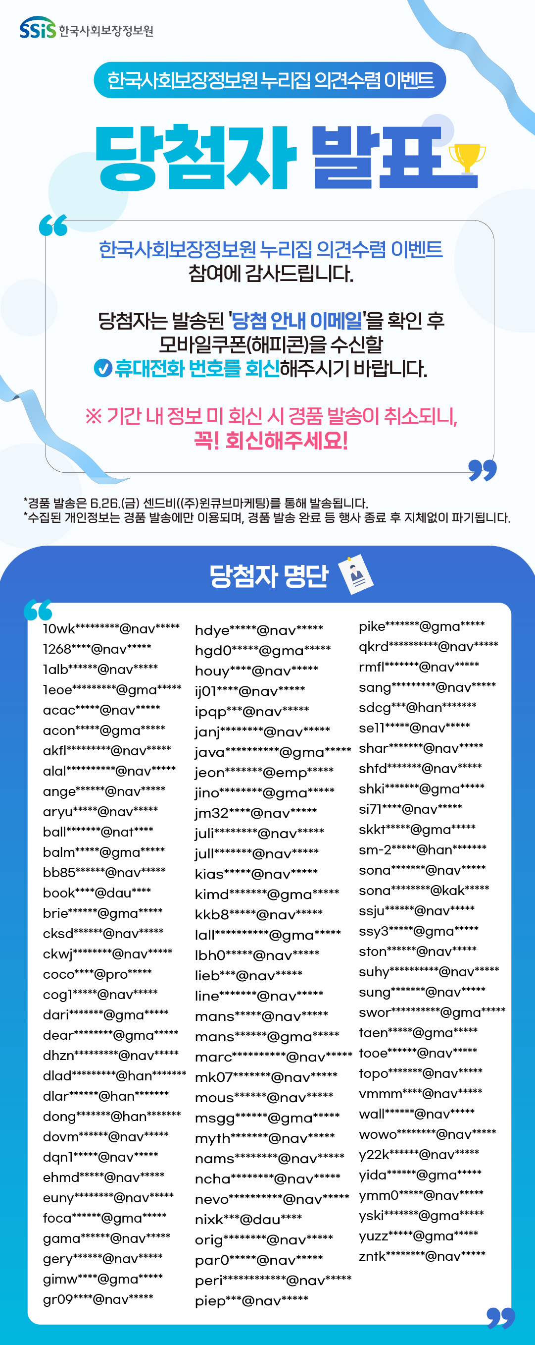 한국사회보장정보원 한국사회보장정보원 누리집 의견수렴 이벤트 당첨자 발표 한국사회보장정보원 누리집 의견수렴 이벤트 참여에 감사드립니다. 당첨자는 발송된 '당첨 안내 이메일'을 확인 후 모바일쿠폰(해피콘)을 수신할 휴대전화 번호를 회신해주시기 바랍니다. 기간 내 정보 미 회신 시 경품 발송이 취소되니, 꼭 회신해주세요 * 경품 발송은 6월 26일 금요일 센드비((주)윈큐브마케팅)를 통해 발송됩니다 * 수집된 개인정보는 경품 발송에만 이용되며, 경품 발송 완료 등 행사 종료 후 지체없이 파기됩니다 당첨자 명단 10wk*********@nav***** 1268****@nav***** 1alb******@nav***** 1eoe*********@gma***** acac*****@nav***** acon*****@gma***** akfl*********@nav***** alal**********@nav***** ange******@nav***** aryu*****@nav***** ball*******@nat**** balm*****@gma***** bb85******@nav***** book****@dau**** brie******@gma***** cksd******@nav***** ckwj********@nav***** coco****@pro***** cog1*****@nav***** dari*******@gma***** dear********@gma***** dhzn*********@nav***** dlad*********@han******* dlar******@han******* dong*******@han******* dovm******@nav***** dqn1*****@nav***** ehmd*****@nav***** euny********@nav***** foca******@gma***** gama******@nav***** gery******@nav***** gimw****@gma***** gr09****@nav***** hdye*****@nav***** hgd0*****@gma***** houy****@nav***** ij01****@nav***** ipqp***@nav***** janj********@nav***** java**********@gma***** jeon*******@emp***** jino********@gma***** jm32****@nav***** juli********@nav***** jull*******@nav***** kias*****@nav***** kimd*******@gma***** kkb8*****@nav***** lall**********@gma***** lbh0*****@nav***** lieb***@nav***** line*******@nav***** mans*****@nav***** mans******@gma***** marc**********@nav***** mk07*******@nav***** mous******@nav***** msgg******@gma***** myth*******@nav***** nams********@nav***** ncha********@nav***** nevo**********@nav***** nixk***@dau**** orig********@nav***** par0*****@nav***** peri************@nav***** piep***@nav***** pike*******@gma***** qkrd**********@nav***** rmfl*******@nav***** sang*********@nav***** sdcg***@han******* se11*****@nav***** shar*******@nav***** shfd*******@nav***** shki*******@gma***** si71****@nav***** skkt*****@gma***** sm-2*****@han******* sona*******@nav***** sona********@kak***** ssju******@nav***** ssy3*****@gma***** ston******@nav***** suhy**********@nav***** sung*******@nav***** swor**********@gma***** taen*****@gma***** tooe******@nav***** topo*******@nav***** vmmm****@nav***** wall******@nav***** wowo********@nav***** y22k******@nav***** yida******@gma***** ymm0*****@nav***** yski*******@gma***** yuzz*****@gma***** zntk********@nav*****