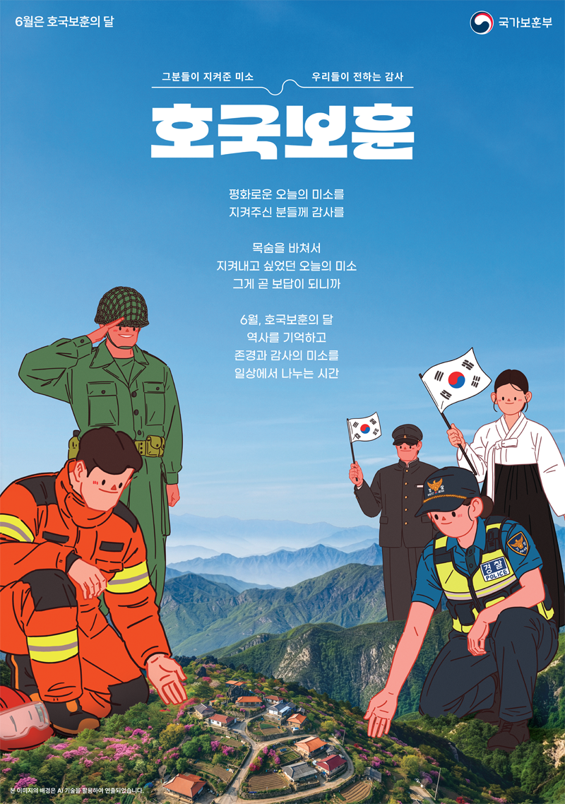 6월은 호국보훈의 달 국가보훈부 호국보훈 그분들이 지켜준 미소 우리들이 전화는 감사 평화로운 오늘의 미소를 지켜주신 분들께 감사를 목숨을 바쳐서 지켜내고 싶었던 오늘의 미소 그게 곧 보답이 되니까 6월, 호국보훈의 달 역사를 기억하고 존경과 감사의 미소를 일상에서 나누는 시간