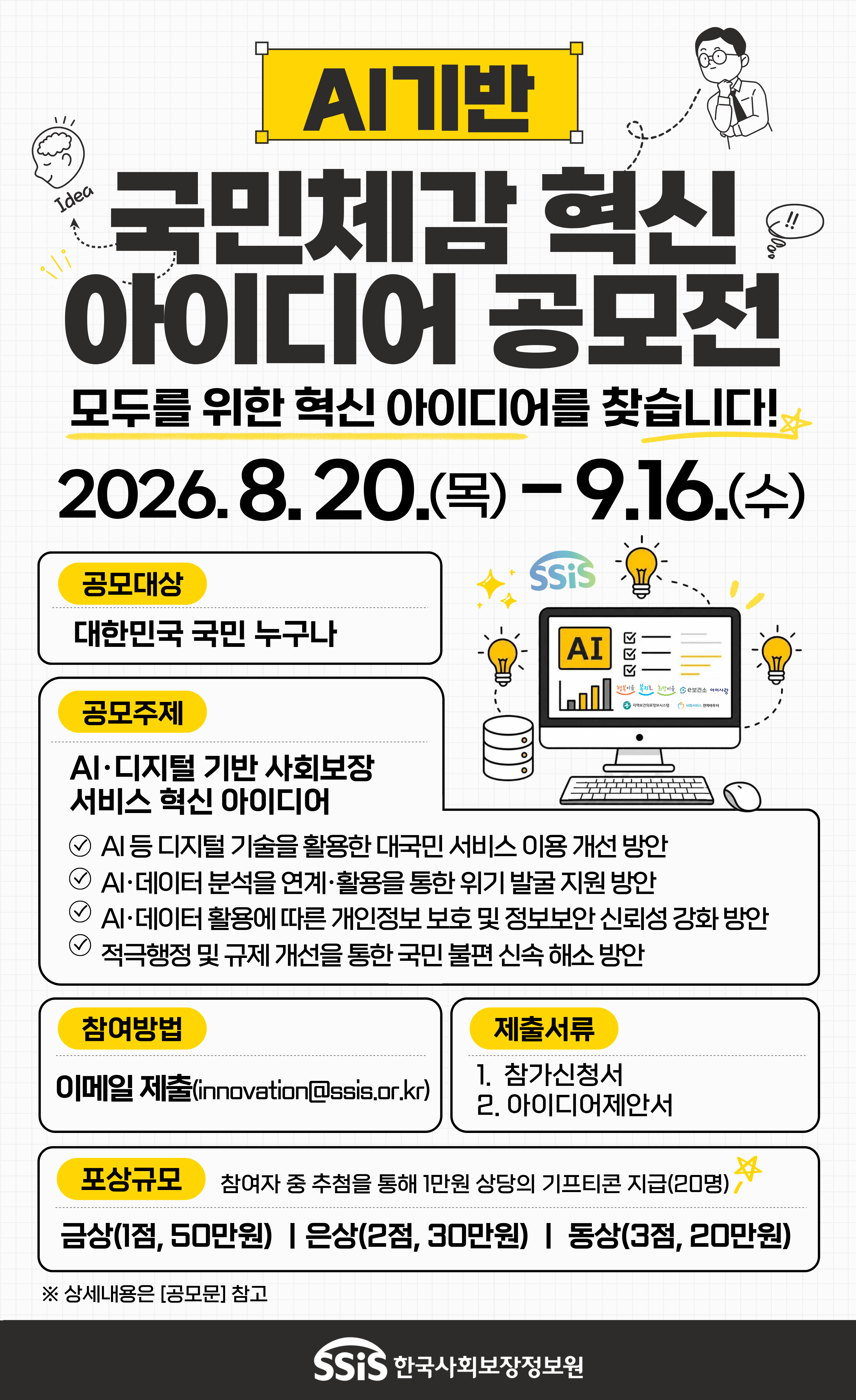 AI기반 국민체감 혁신 아이디어 공모전 모두를 위한 혁신 아이디어를 찾습니다! 2026. 8. 20.(목) - 9.16.(수) 공모대상 : 대한민국 국민 누구나 공모주제 : AI&middot;디지털 기반&nbsp;사회보장 서비스 혁신 아이디어 - AI 등 디지털 기술을 활용한 대국민 서비스 이용 개선 방안 - AI&middot;데이터 분석을 연계&middot;활용을 통한 위기 발굴 지원 방안 - AI&middot;데이터 활용에 따른 개인정보 보호 및 정보보안 신뢰성 강화 방안 - 적극행정 및 규제 개선을 통한 국민 불편 신속 해소 방안 참여방법 : 이메일 제출(innovation@ssis.or.kr) 제출서류 : 1.&nbsp; 참가신청서 2. 아이디어제안서 포상규모 : 참여자 중 추첨을 통해 1만원 상당의 기프티콘 지급(20명) 금상(1점, 50만원) ㅣ은상(2점, 30만원) ㅣ 동상(3점, 20만원) ※ 상세내용은 [공모문] 참고 한국사회보장정보원 CI